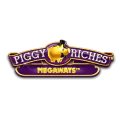 Purple banner logo for Piggy Riches Megaways with a golden piggy bank in a top hat.