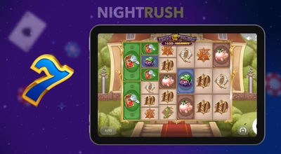 Tablet displaying the Piggy Riches Megaways slot game interface on a Nightrush background.
