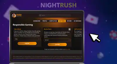 Laptop showing a Responsible Gaming settings page with Take a Break and Reality Check options.