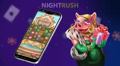 Smartphone in portrait mode showing a slot game next to a cartoon pig in a green dress.
