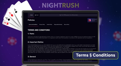 A laptop displays the Ybets Casino Policies page, specifically the Terms and Conditions section.