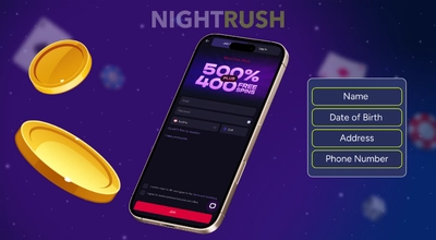 A smartphone displays a registration form for Ybets Casino with falling gold coins in the background.