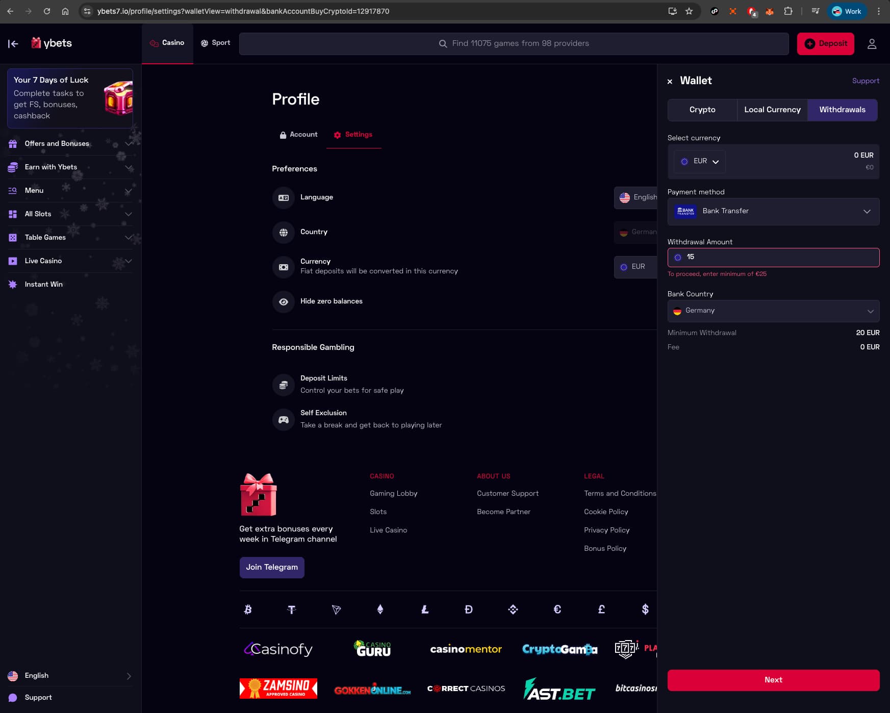 Ybets Casino Bank Transfer