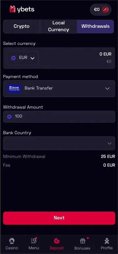 Ybets Casino Mobile Bank Transfer