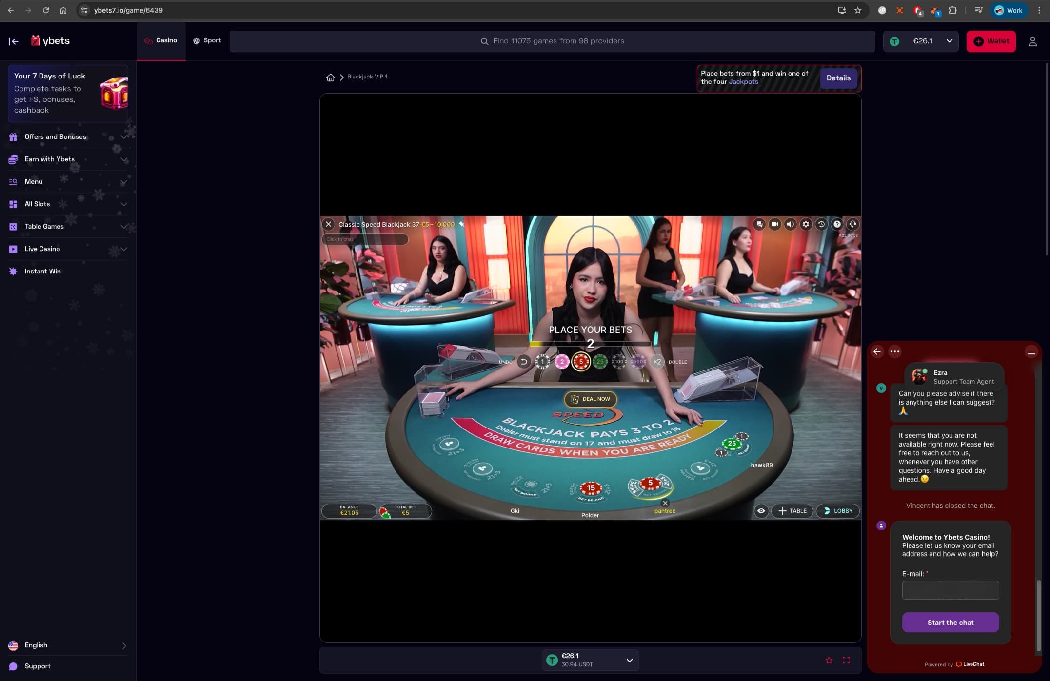 Ybets Casino Blacjack