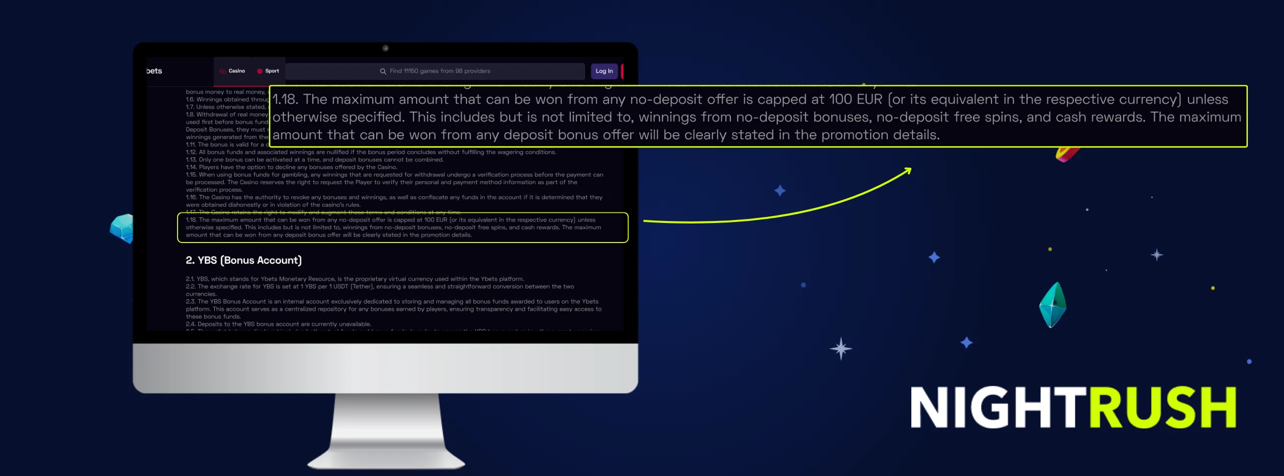 A desktop screen displaying a casino's terms and conditions regarding maximum win caps on bonuses.