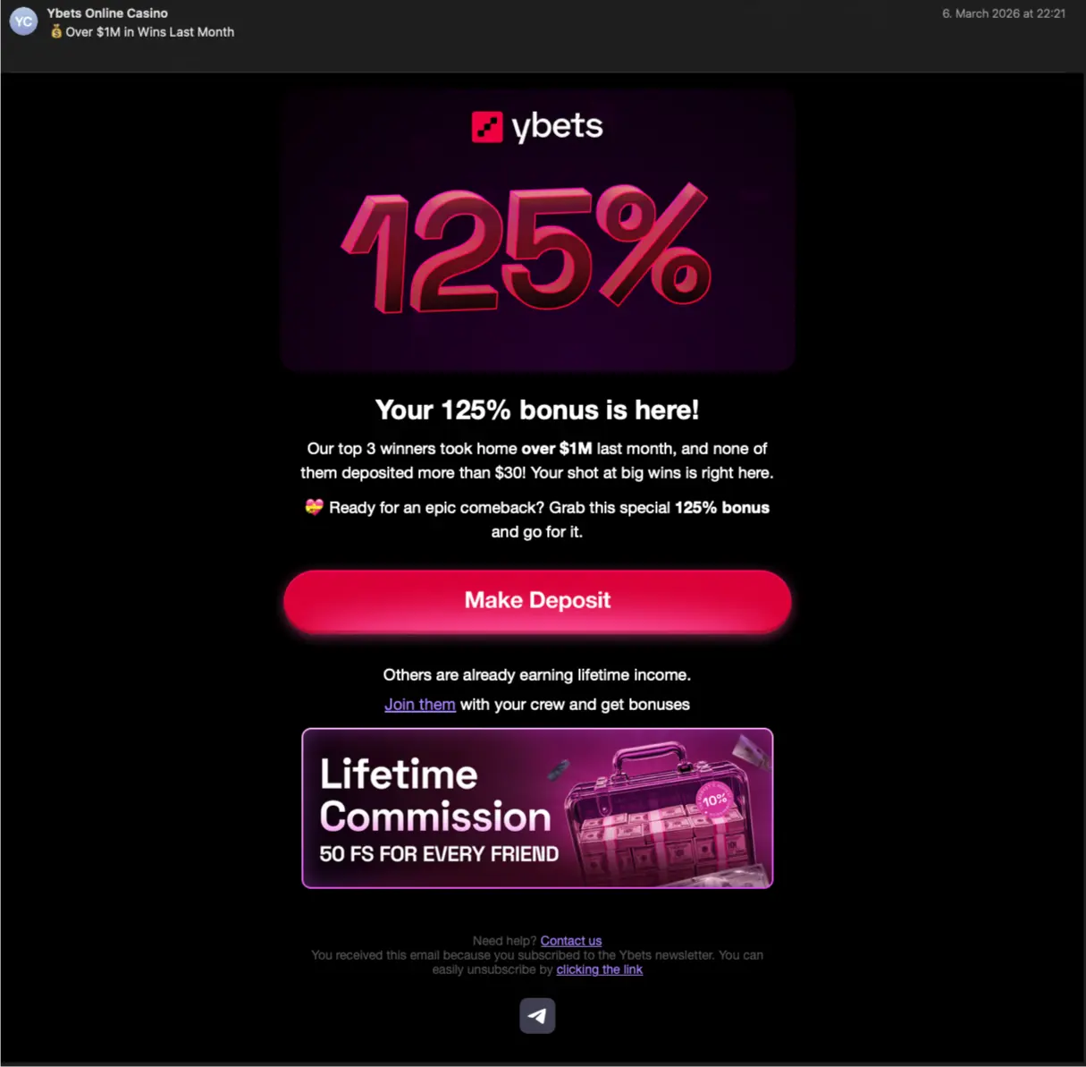 Ybets Casino Bonus Email