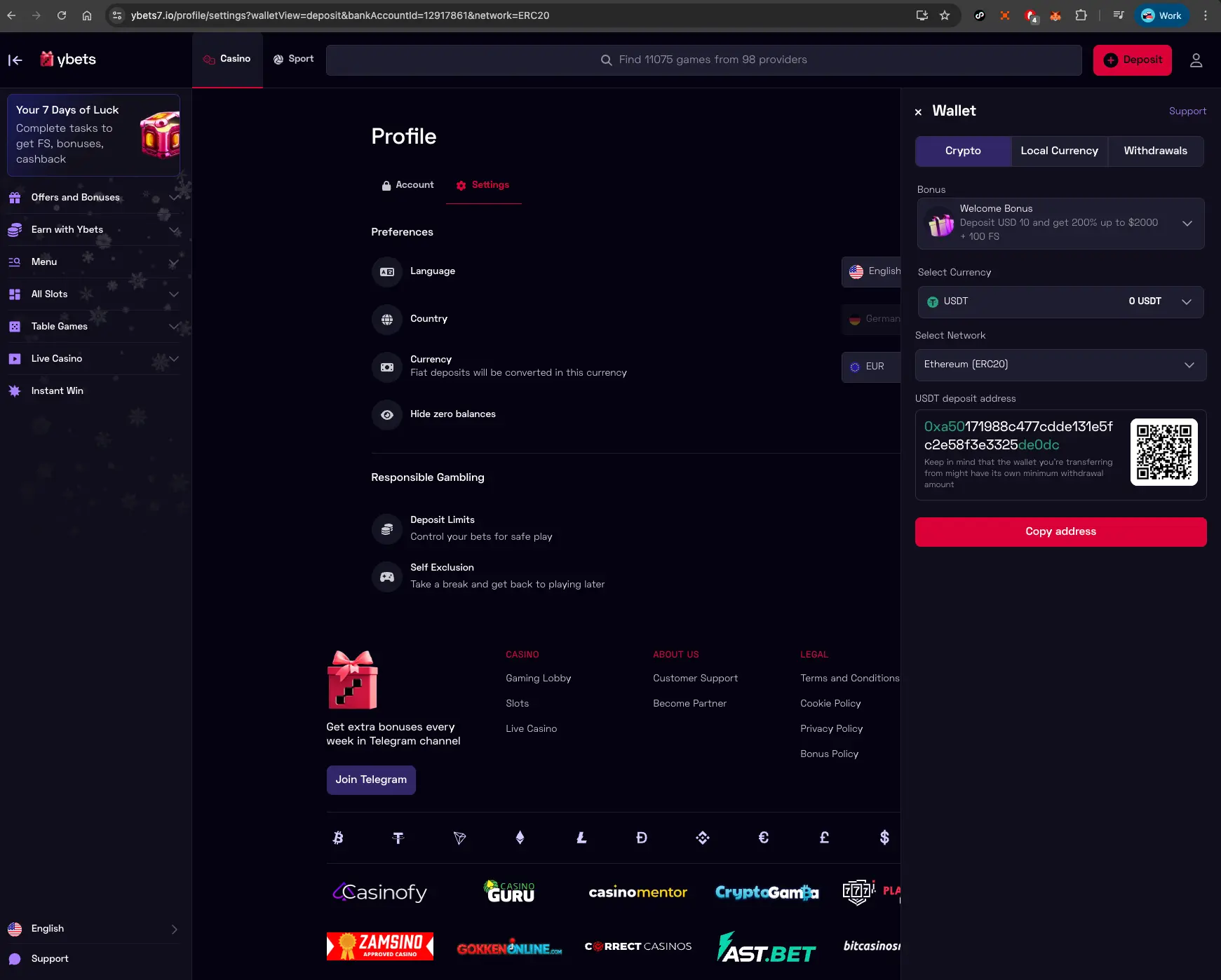 Ybets Casino Crypto Wallet