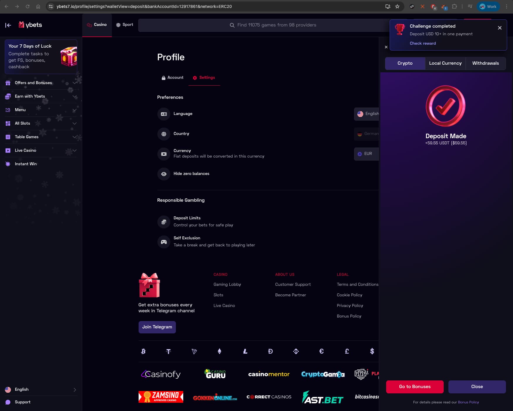 Ybets Casino Deposit Completed