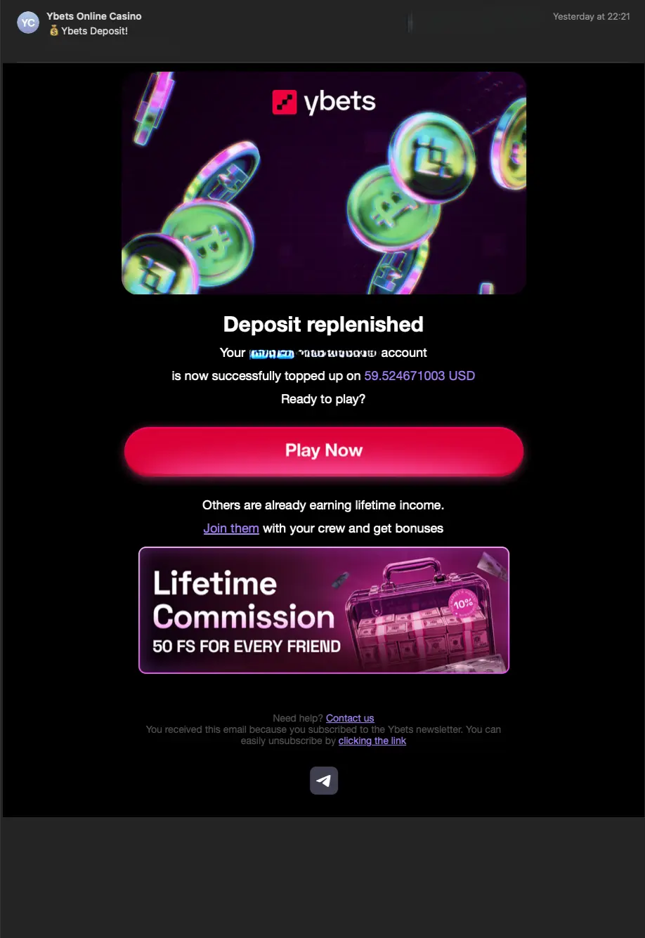 Ybets Casino Deposit Email