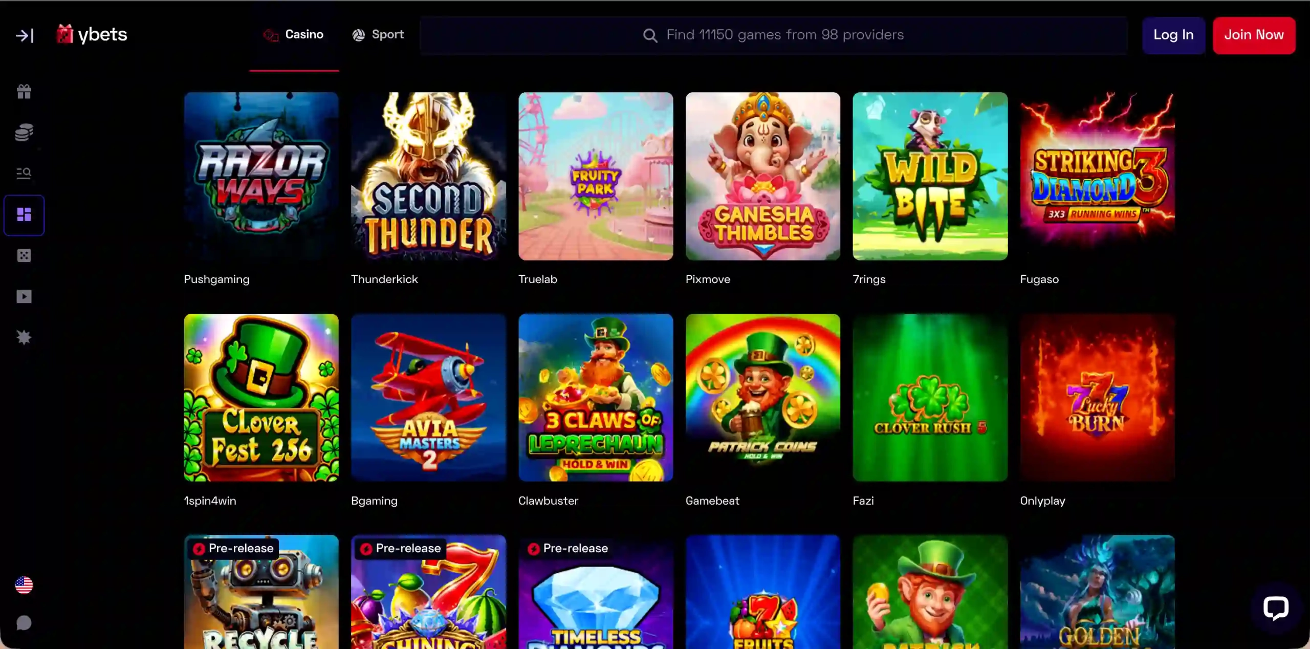 Ybets Casino game selection.