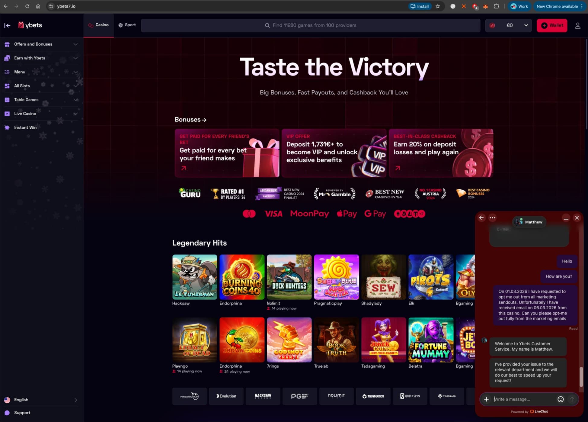 Ybets Casino Homepage