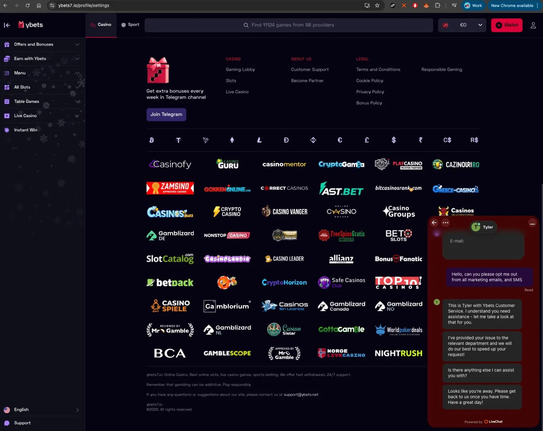 Ybets Casino Notification