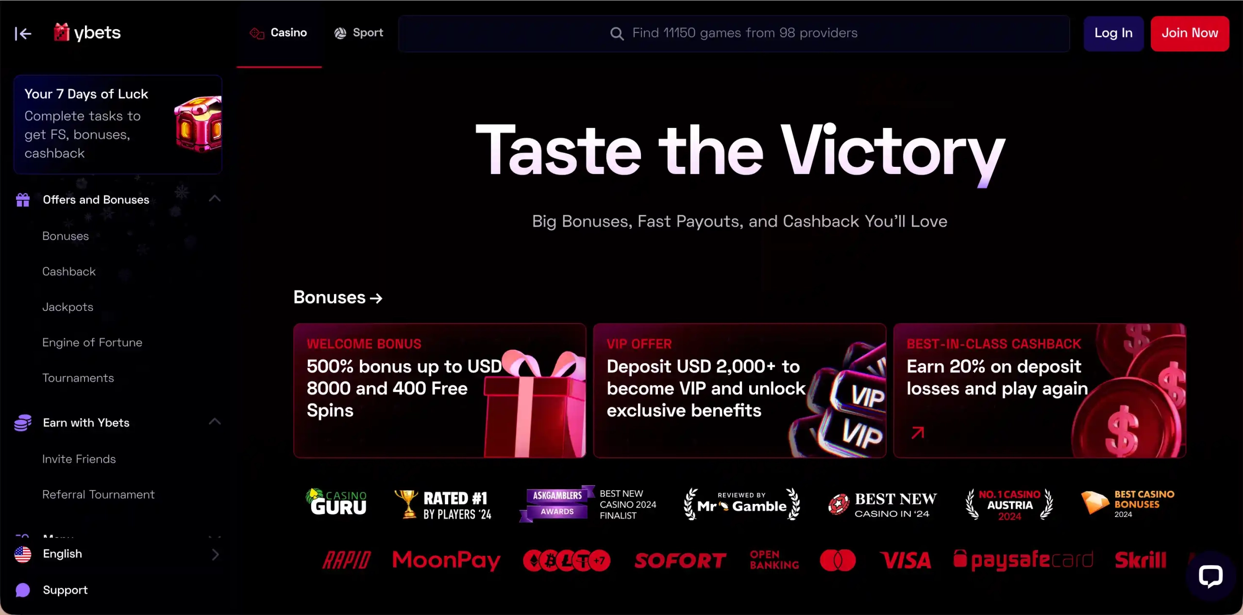 Ybets Casino homepage.