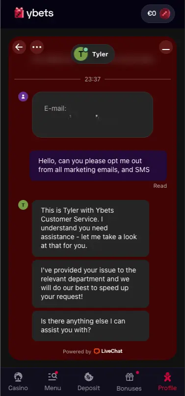 Ybets Casino Mobile Live Chat Notification