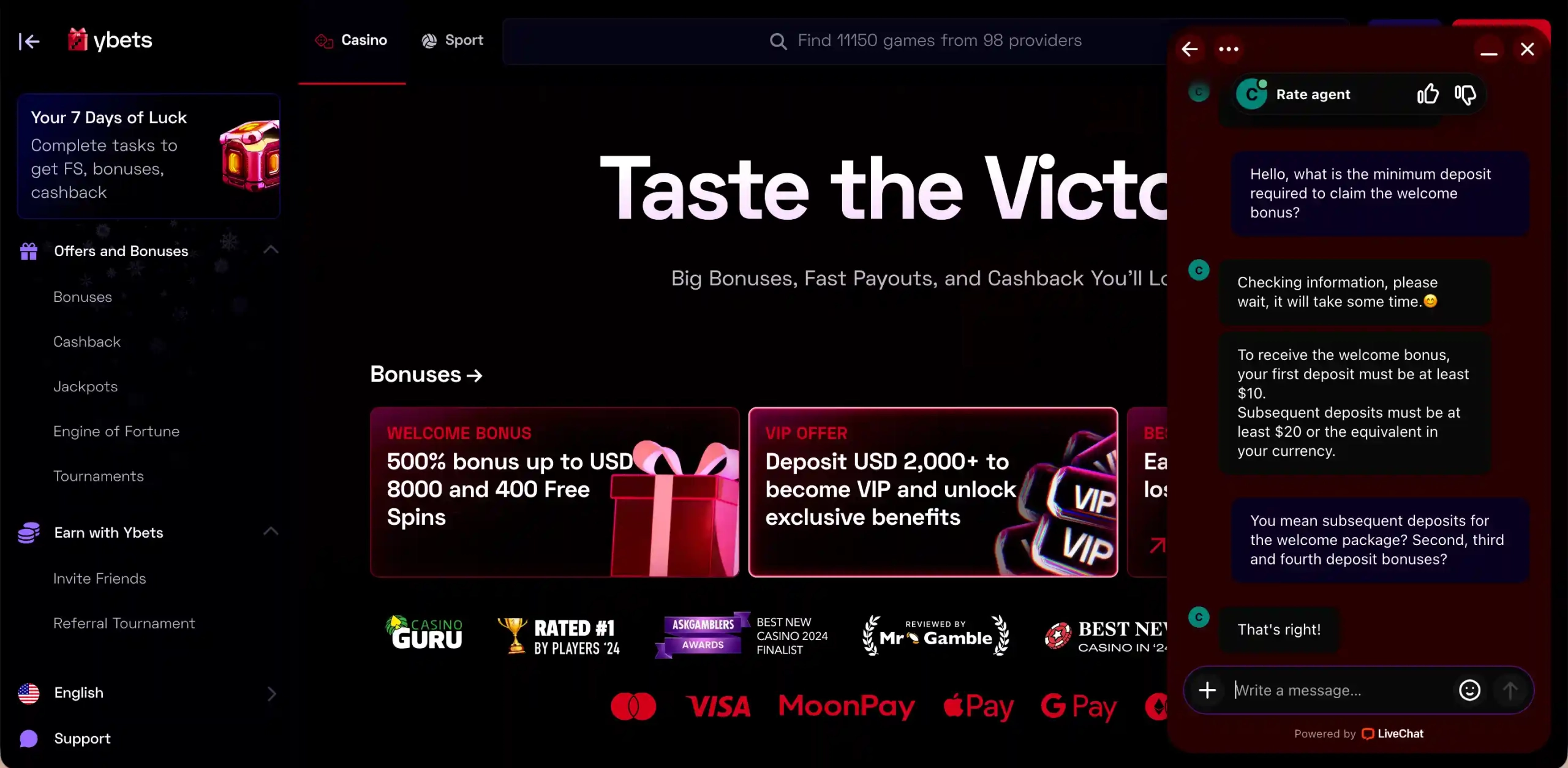 A live chat window on a casino website discussing deposit requirements for a welcome bonus.