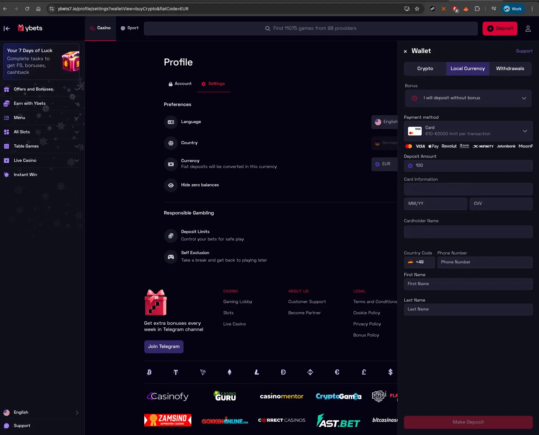 Ybets Casino Wallet Currency Page