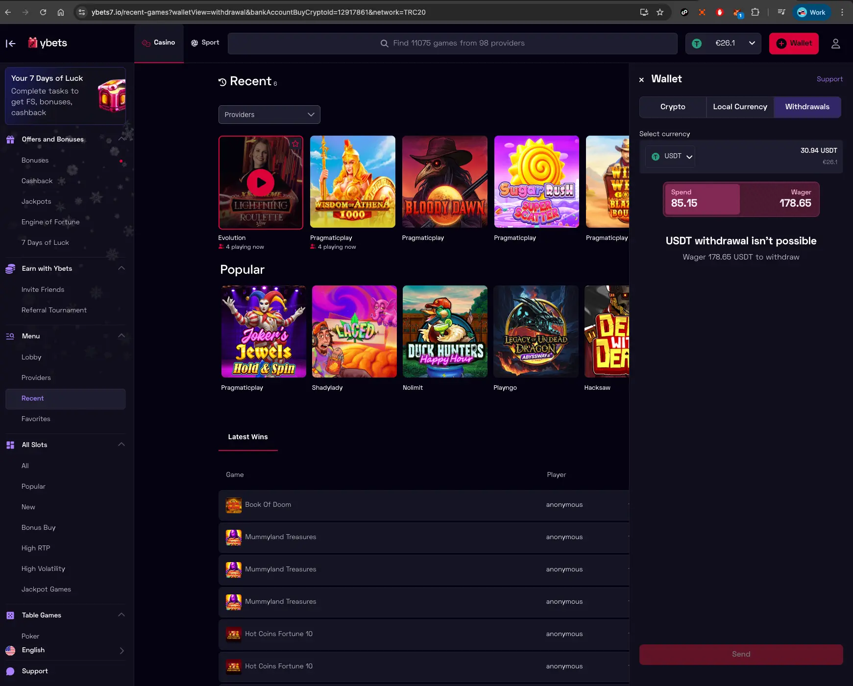 Ybets Casino Wallet Page