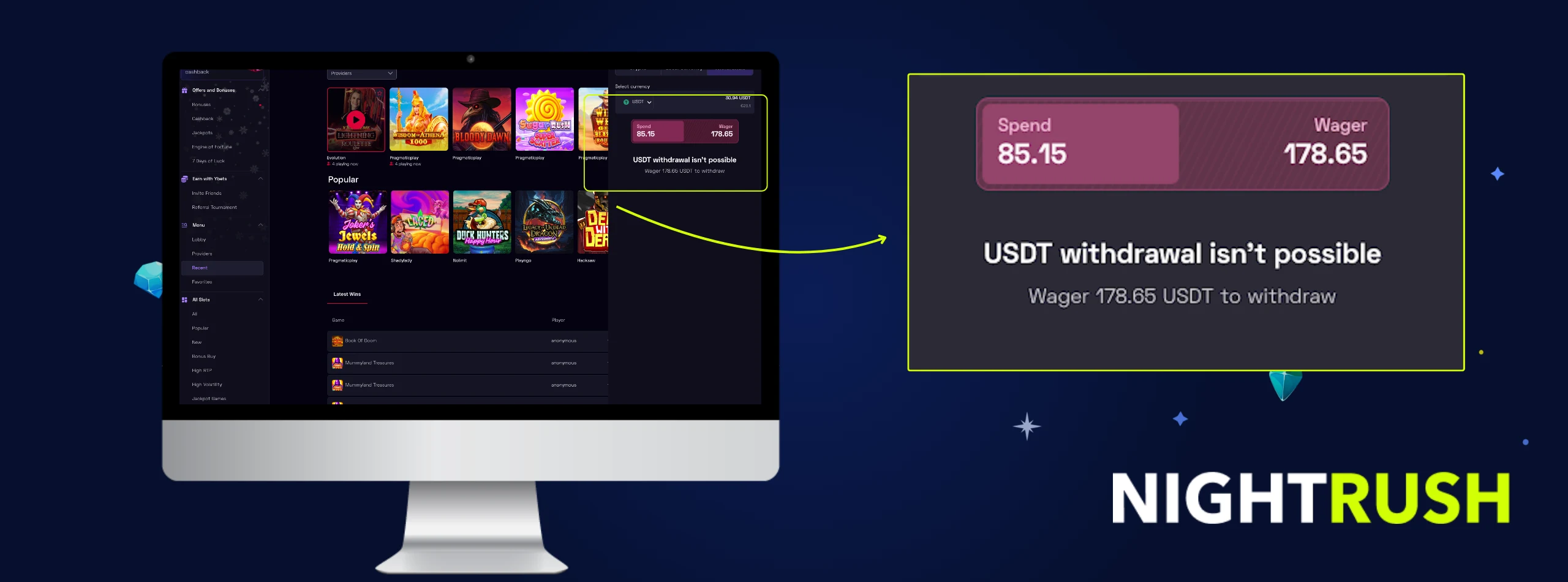 A desktop screen displaying a casino withdrawal error message regarding USDT wagering requirements.