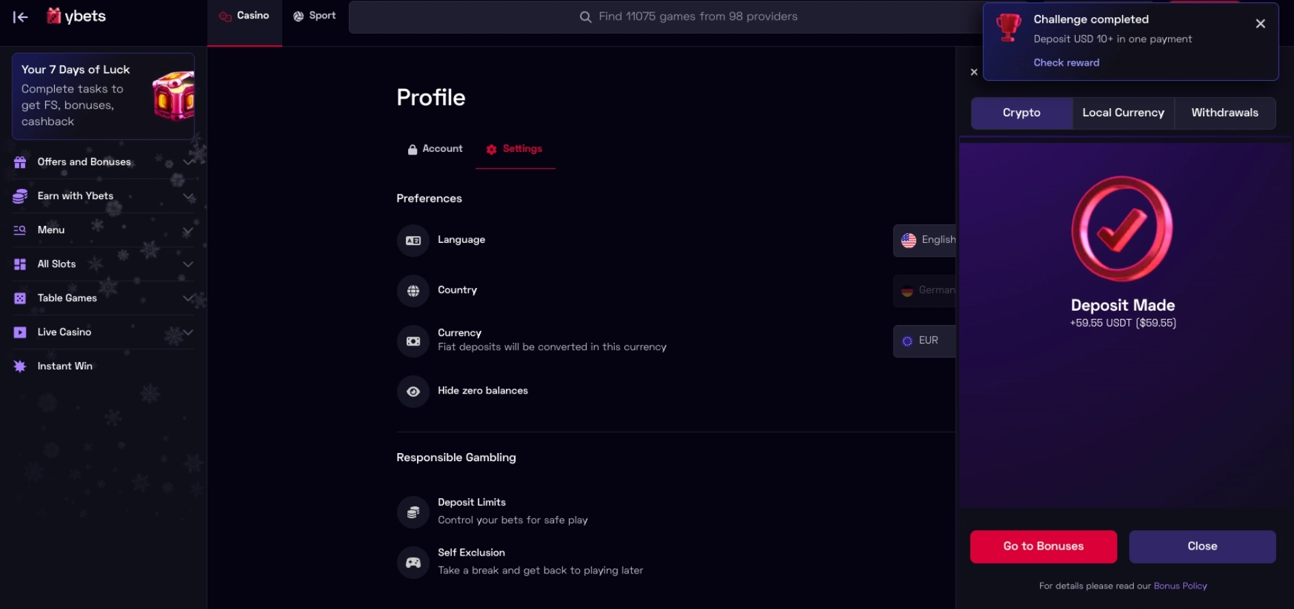 Ybets casino real money deposit process screenshot.