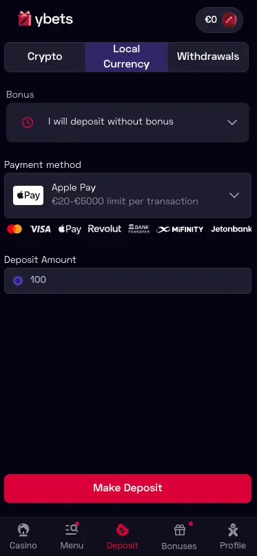 Ybets Casino Mobile Currency