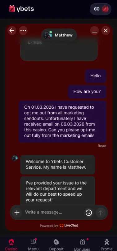Ybets Casino Notification Requested Chat