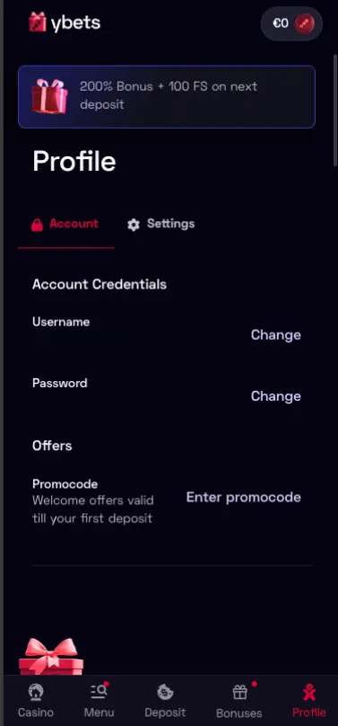 Ybets Casino Mobile Profile