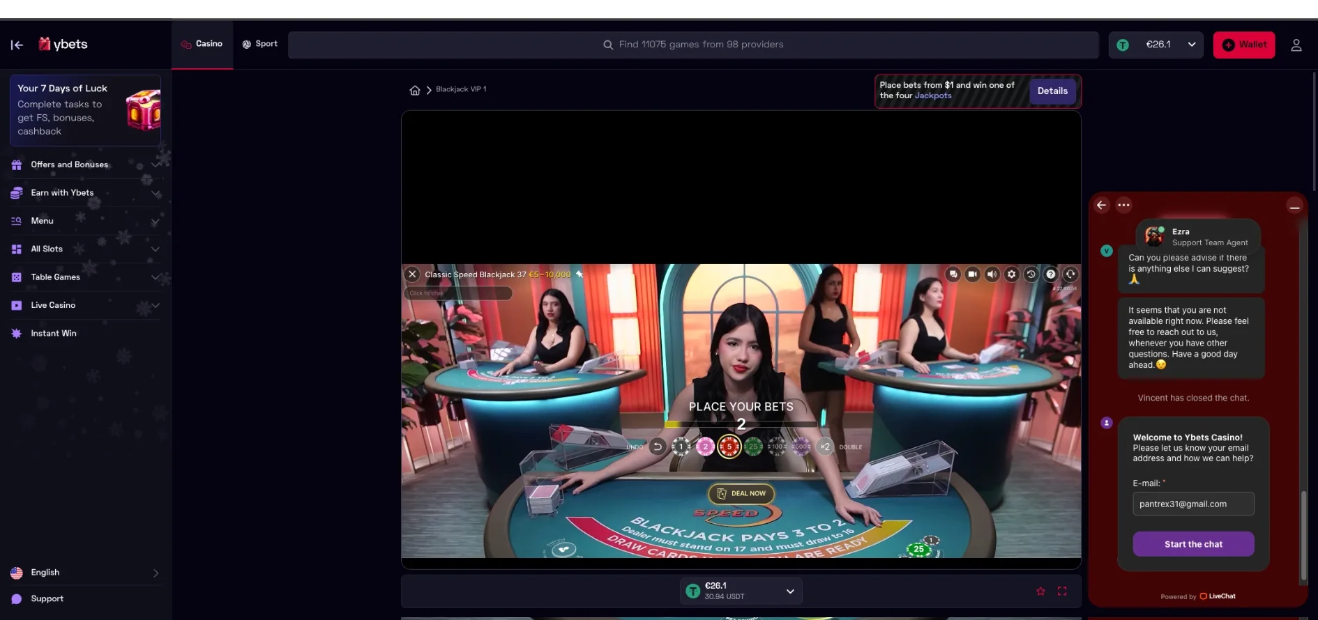 Screenshot of the Ybets casino website showing a live Classic Speed Blackjack table with betting controls and a support chat window on the right.