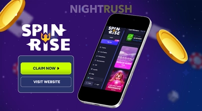 Spinrise on a phone with its logo, a claim button, and two coins against a purple background.
