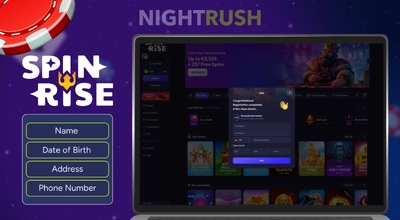 Spinrise on a laptop with its logo, a coin, and a details button against a purple background.