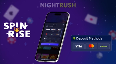Spinrise’s deposit on a phone with its logo and a deposit button against a purple background.