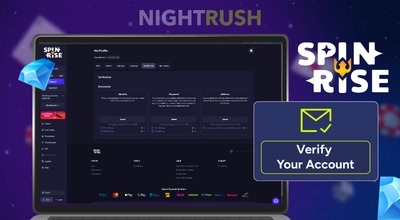 Spinrise on a laptop with its logo, two gems, and a verify button against a purple background.