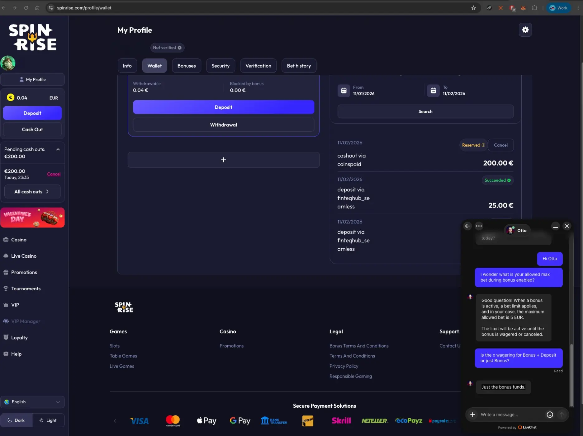 Spinrise wallet screen with live chat