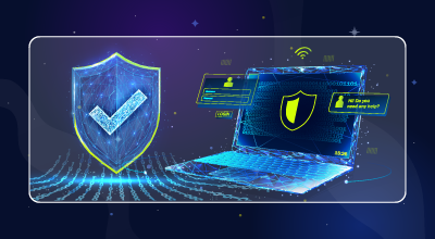 Digital illustration showing a laptop and shield symbol representing cybersecurity.