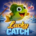 A cheerful green fish jumps out of icy water below the Lucky Catch logo and a fishing hook.