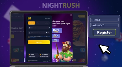 A laptop displays MaxiSpin's registration window with various welcome bonus offers.