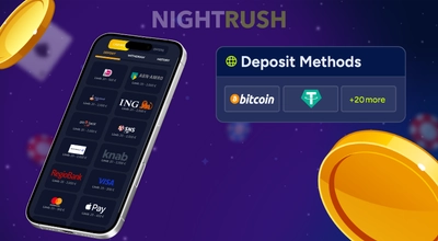 A smartphone shows diverse deposit methods, including bank icons, Visa, Apple Pay, and crypto.