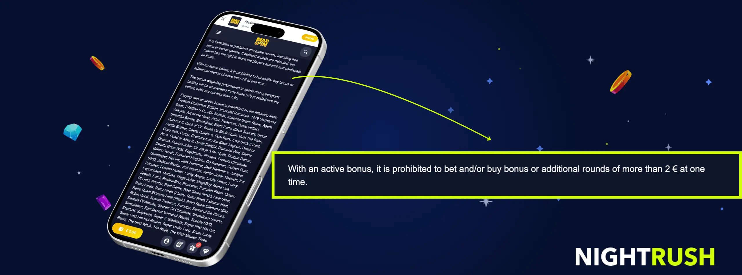 A phone screen highlights a 2 Euro maximum bet limit when playing with an active casino bonus.