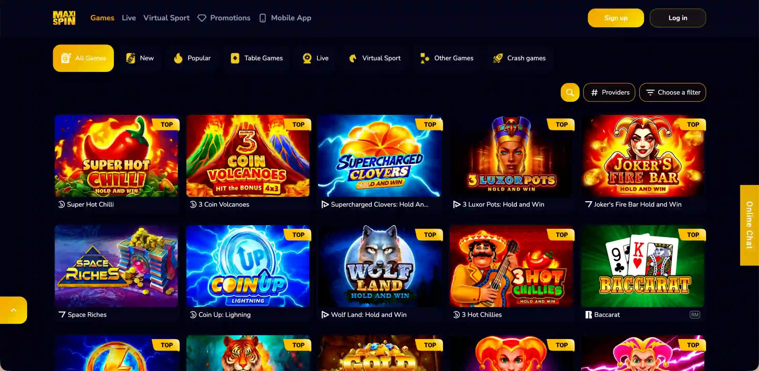MaxiSpin Casino game selection.