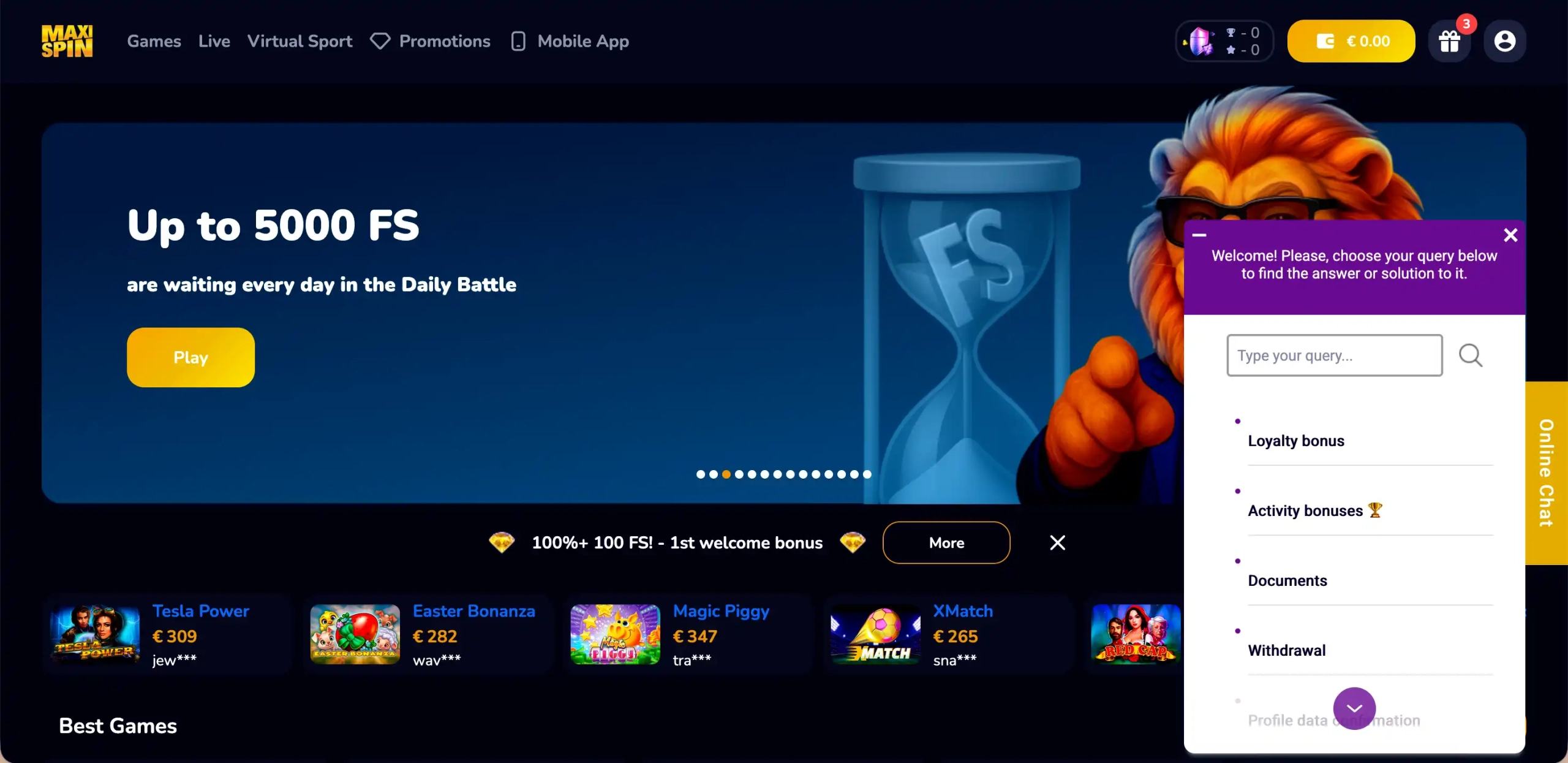MaxiSpin homepage showing a 5000 FS banner and a lion mascot next to an online chat window.