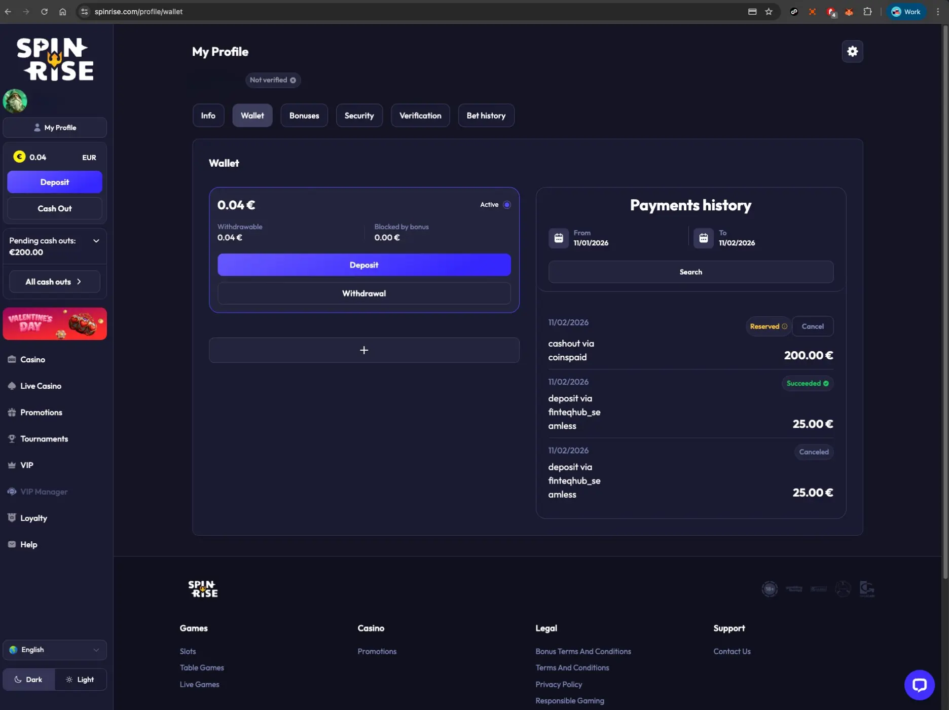 Spinrise payment history screen