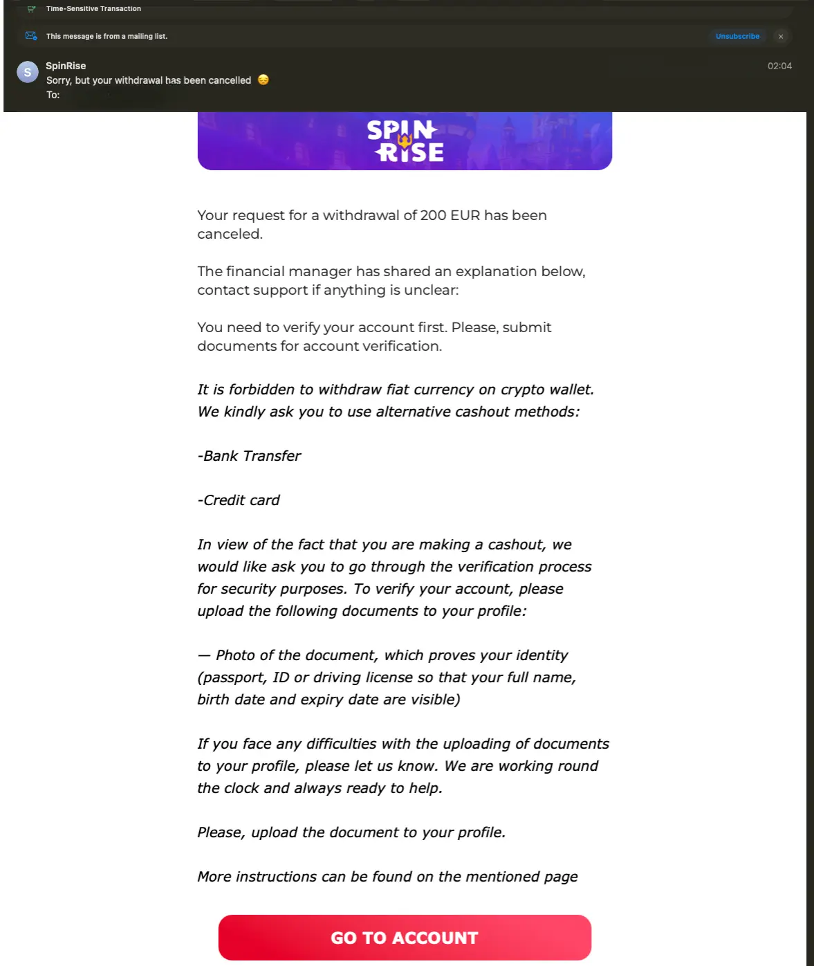 Spinrise withdrawal cancel mail screen