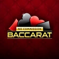 No Commission Baccarat logo featuring playing card suit symbols on a red quilted background.