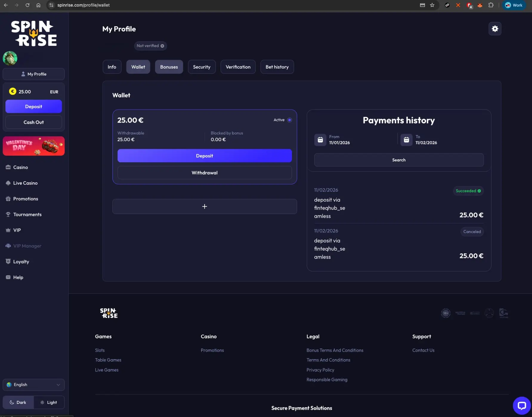 Spinrise payment history screen