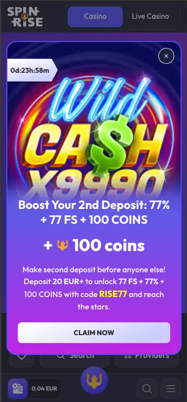 Spinrise bonus screen