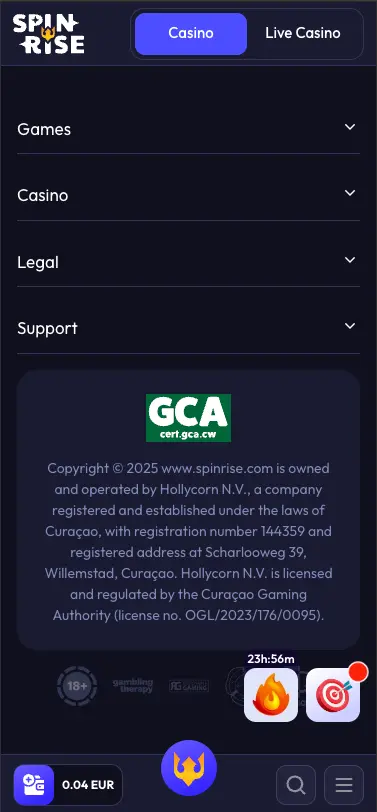 Spinrise licence screen