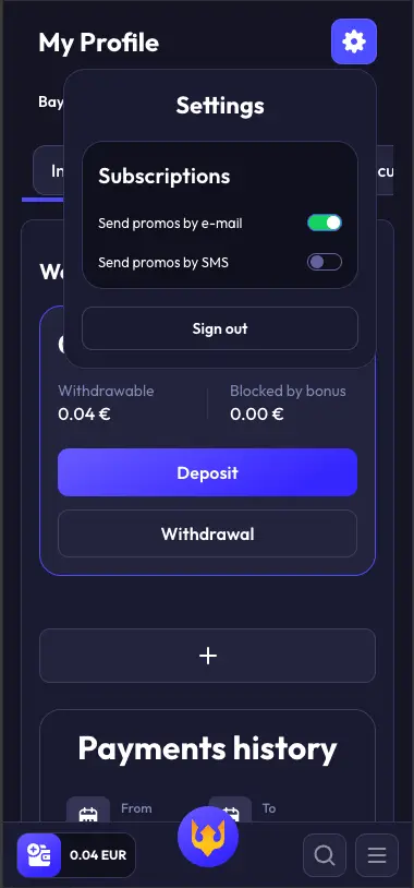 Spinrise profile settings screen