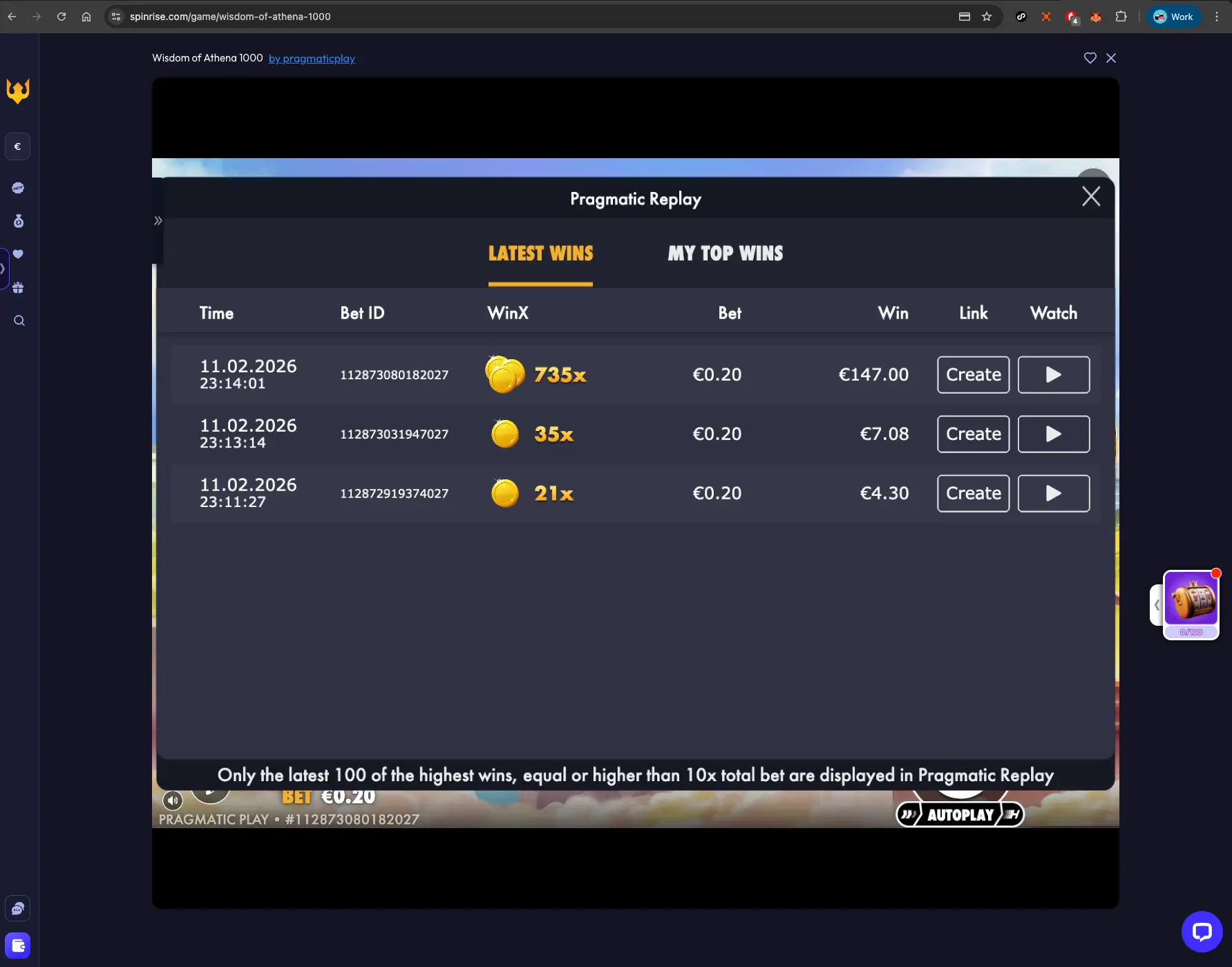 Spinrise game history screen
