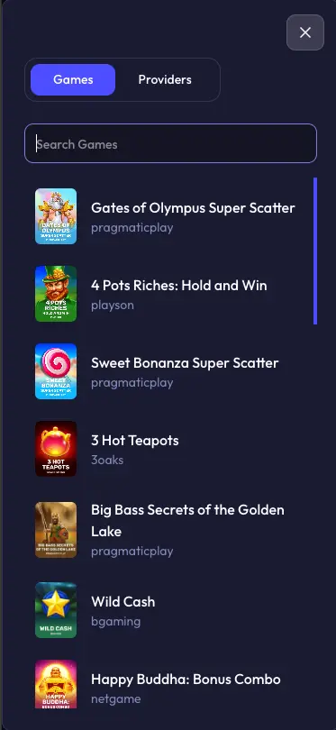 Spinrise games screen