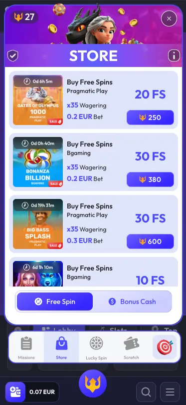 Spinrise store screen
